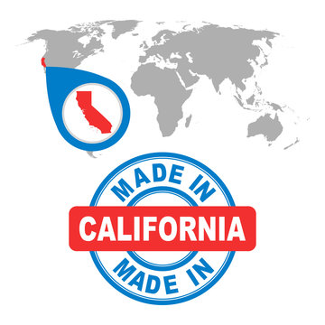 Made in California, America, USA stamp. World map with red country. Vector emblem in flat style on white background.