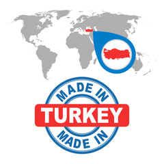 Obraz premium Made in Turkey stamp. World map with red country. Vector emblem in flat style on white background.