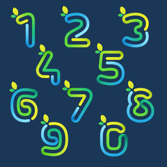 Numbers set logos with green leaves.