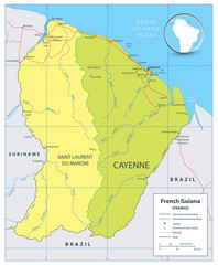 Fototapeta premium French Guiana political map with roads and rivers