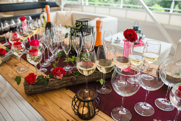 Reception table. Wine, glasses, champagne