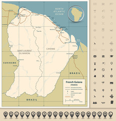 French Guiana road map with navigation icons