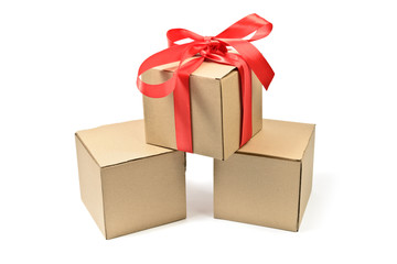 cardboard boxes with red bow