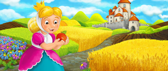 Obraz na płótnie Canvas Cartoon scene of a princess traveling to a beautiful castle - illustration for children