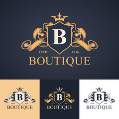 elegant luxury monogram logo or badge template with scrolls and royal crown - perfect for luxurious branding projects