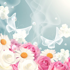 Obrazy na Szkle  Różowe i białe róże ze stokrotkami i motylami