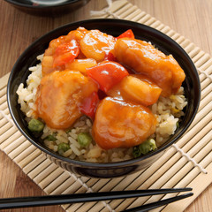 Chinese style sweet and sour chicken with egg fried rice