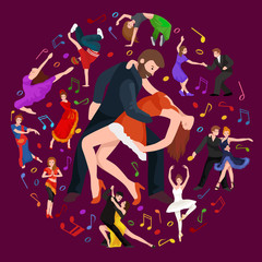 Obraz na płótnie Canvas Couple dancing Kizomba in bright costumes. Vector illustration of partners dance bachata, happy peoples man and woman ballroom dancing poster, Bachata, roomba salsa latino dancer concept for poster