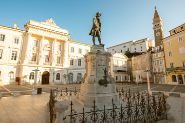 Famouse violinist and composer Giuseppe Tartini monument on the main square in Piran town in Slovenia