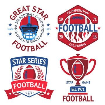 Set of american football rugby labels with ball, burning , helmet, winner bowl. Vector