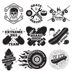 Set of skateboarding labels - skull in helmet, repair, skate team, board shop, etc. Vector