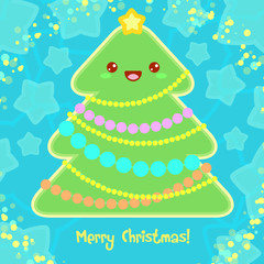 Christmas Card with  Tree in Kawaii style