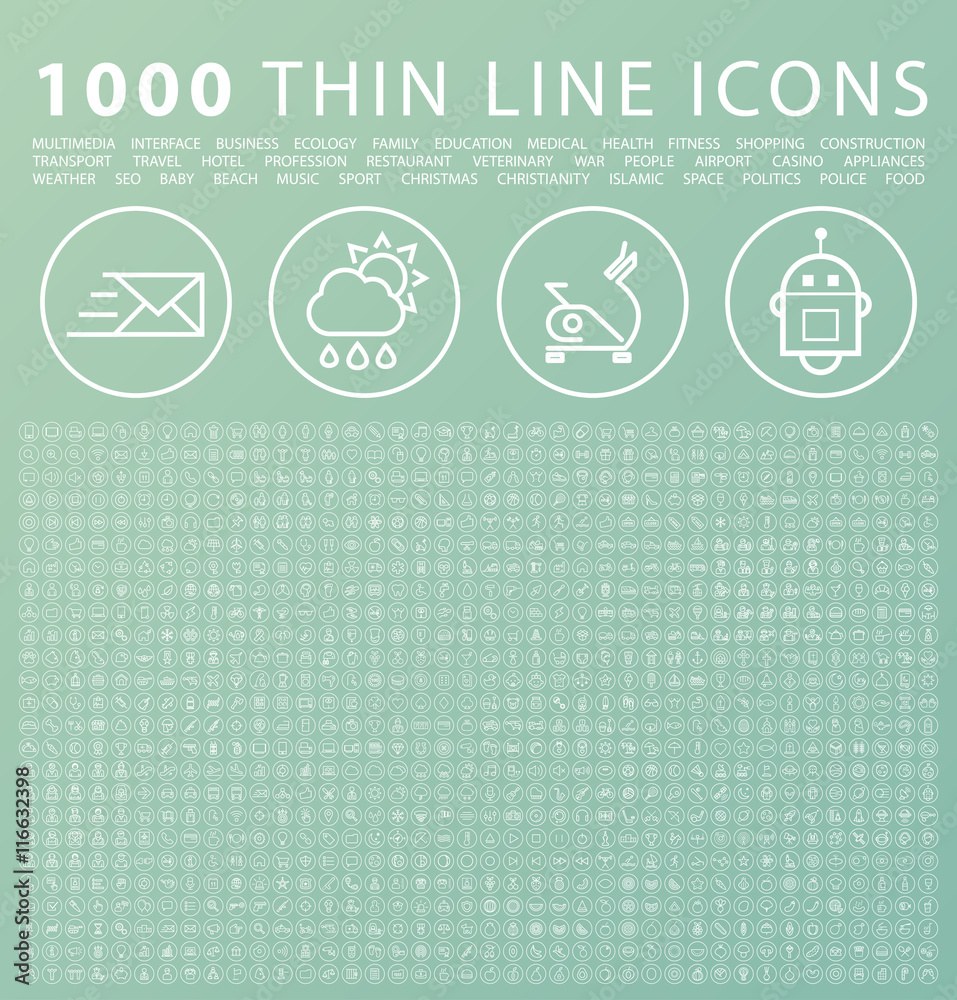 Poster set of 1000 isolated minimal modern simple elegant white icons on circular buttons on color backgrou