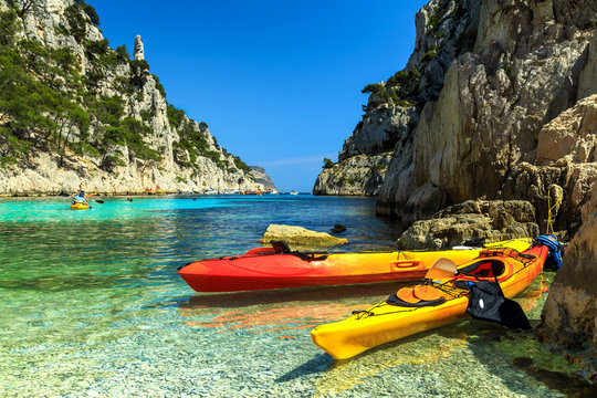 Colorful kayaks in the rocky bay,Cassis,near Marseille,France,Europe
