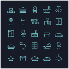 furniture icon set on a black background