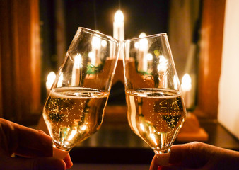 Glasses of Champagne with festive background and tradtitional de