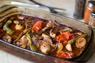Steak cooked in the oven with vegetables