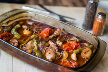 Steak cooked in the oven with vegetables