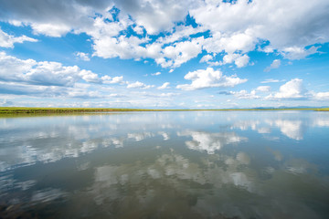 beautiful reflection of blue sky and cloudscape in water lake