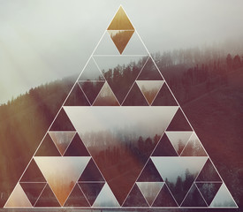 Collage with the landscape and the sacred geometry symbol triangle
