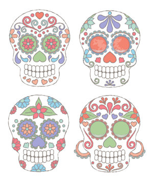 Vector Set of Watercolor Style Day of the Dead Skulls or Sugar Skulls