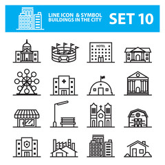 Fototapeta premium Buildings city line icon vector set