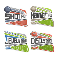 Vector logo for Athletics Field, consisting of abstract discus throw, shot put, throwing hammer, javelin. Track and field stadium equipment for atletica championship summer games arena