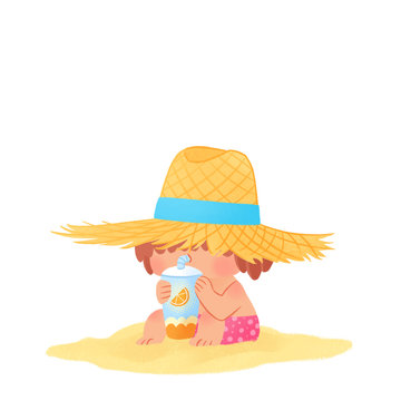Ni&ntilde;o o ni&ntilde;a con sombrero de paja bebiendo zumo en la playa