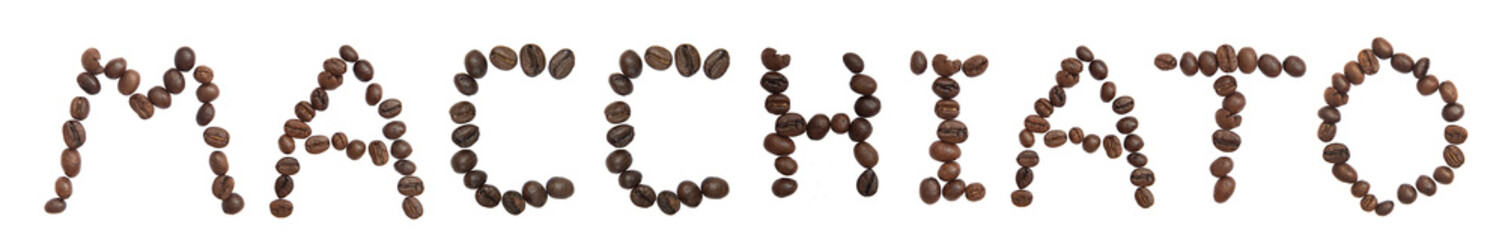 Isolated Word 'MACCHIATO' make from coffee bean on white backgro