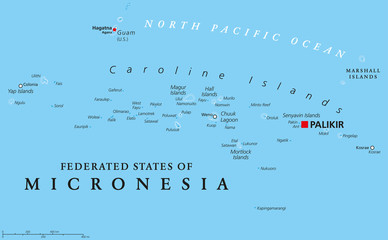 Federated States of Micronesia political map with capital Palikir. An independent sovereign island nation consisting of four united states spread across the Western Pacific Ocean. English labeling.