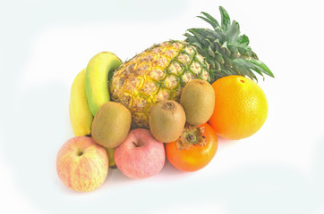 ripe pineapple, apple,orange, persimmon, kiwi, banana on white background
