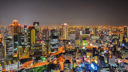 Cityscape night view of Osaka skyline , Kansai , Japan