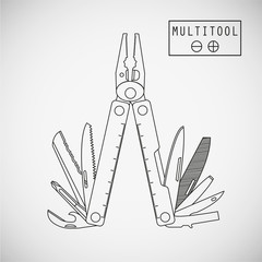 Multifunctional tool, typically in the form of hollow folding pliers handles which are hidden. Vector. Isolated