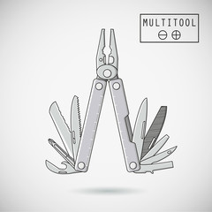 Multifunctional tool, typically in the form of hollow folding pliers handles which are hidden. Vector. Isolated