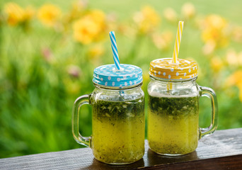 Summer drink lemonade with lemon and mint in mason jar outdoor