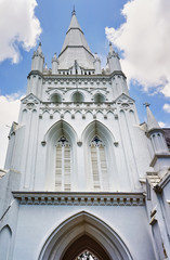 Detail of the main steeple of St Andrews Cathedral in Singapore
