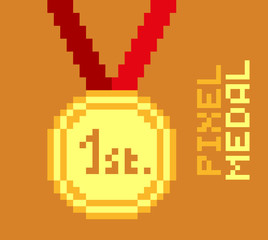 Golden pixel medal, 1st place, pixelated illustration. - Stock vector