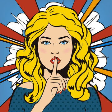 Pin up woman putting her forefinger to her lips for quite silence. Pop art comics style. Vector illustration. Pop art girl says shhh