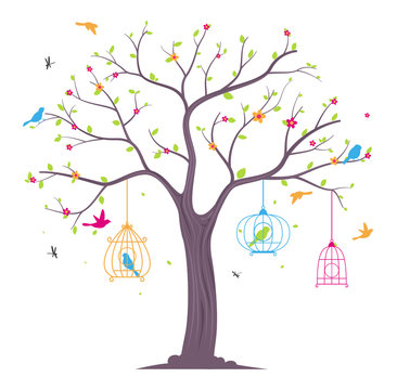 colorful Birds with tree and birdcage