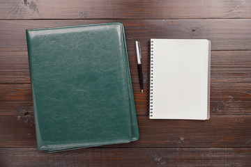 Open Notebook With Blank Pages, Pen And Leather Folders