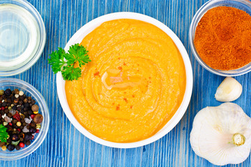 Hummus with Curry, Turmeric, Raw Chickpeas on the Boards