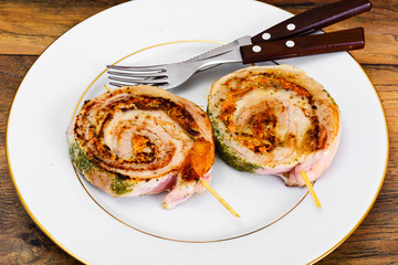 Roll of Bacon with Mushrooms, Carrots, Greens, Barbecue Grill