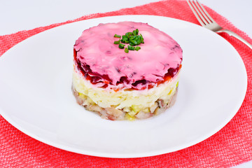 Russian Shuba Salad with Beetroot, Potatoes, Carrots and Herring