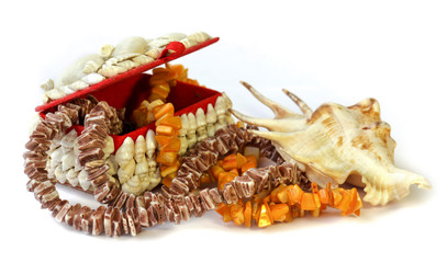 Sea shell box with Bright coral beads isolated on a white backgr