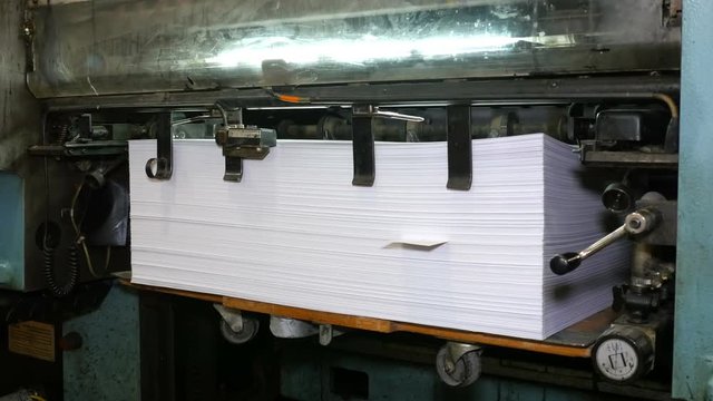 Printed sheets of paper laid in pile after being rolled out of printing press. Related to technology of publishing, offset press. Close-up shot. 4K Ultra HD.