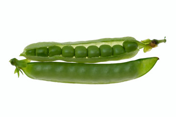 Fresh green peas on a white background