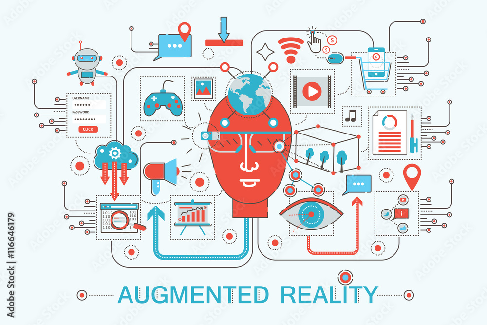 Poster modern flat thin line design augmented reality concept for web banner website, presentation, flyer a