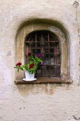 A semicircular window with bars in an old brick building