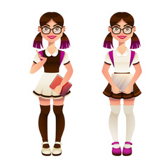 Vector girl in school uniform. A student with a laptop in hand. The girl is learning. Character teen girl in cartoon style