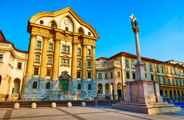 Facade of the Ursuline Holy Trinity church on Congress square - baroque monument, Ljubljana,...
